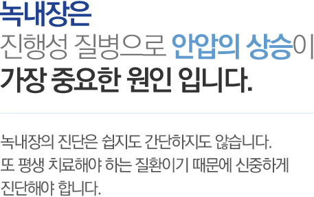 녹내장은 진행성 질병으로 안압의 상승이 가장 중요한 원인 입니다. - 녹내장의 진단은 쉽지도 간단하지도 않습니다. 또 평생 치료해야 하는 질환이기 때문에 신중하게 진단해야 합니다.